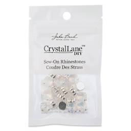 John Bead Crystal Lane DIY Sew On Rhinestones - Pkg of 20, Silver Setting, White Opal, 10 mm front of packaging