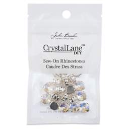 John Bead Crystal Lane DIY Sew On Rhinestones - Pkg of 20, Silver Setting, Crystal Satin, 10 mm front of packaging