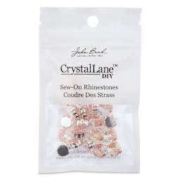 John Bead Crystal Lane DIY Sew On Rhinestones - Pkg of 20, Silver Setting, Pink AB, 10 mm front of packaging