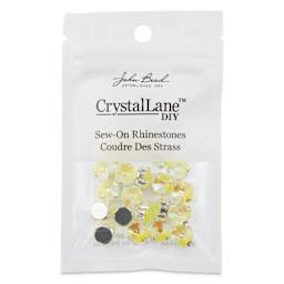 John Bead Crystal Lane DIY Sew On Rhinestones - Pkg of 20, Silver Setting, Neon Yellow AB, 10 mm front of packaging