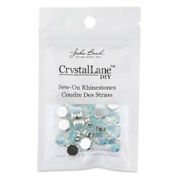John Bead Crystal Lane DIY Sew On Rhinestones - Pkg of 20, Silver Setting, Teal Opal, 10 mm front of packaging