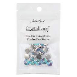 John Bead Crystal Lane DIY Sew On Rhinestones - Pkg of 20, Silver Setting, Neon Blue AB, 10 mm front of packaging