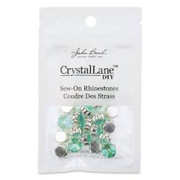 John Bead Crystal Lane DIY Sew On Rhinestones - Pkg of 20, Silver Setting, Neon Green AB, 10 mm front of packaging