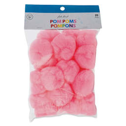 John Bead Pom Poms - Pkg of 20, Pink, 2" front of packaging