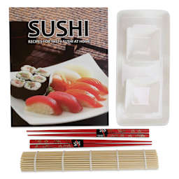 SpiceBox Introduction to Sushi Kit (book, plate with sauce dishes, chopsticks, and rolling mat)