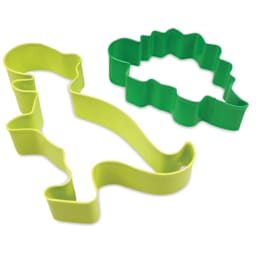 Handstand Kitchen Cookie Cutter Set - Dinosaur, Pkg of 2, laid out dinosaur-shaped cutters.