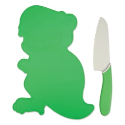 Handstand Kitchen Cutting Board & Knife Set - Dinosaur, outside of packaging.