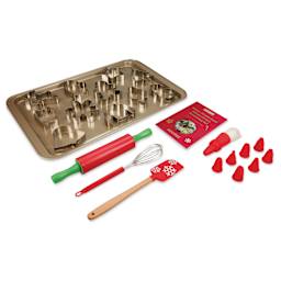 Handstand Kitchen Winter Wonderland Deluxe Cookie Decorating Set, contents laid out outside packaging. 