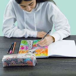 artPOP! Rainbow Pencil Case - Pastel, with art supplies on desk