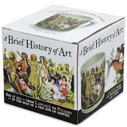 A Brief History of Art Mug (front of packaging, angled view)