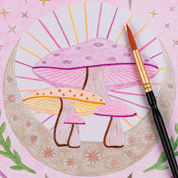 Brea Reese Vivid Mixed Media Coloring Pad - Octagon, 8.5" x 9.5", close-up of mushroom page