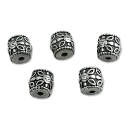 John Bead Antique Stainless Steel Beads - Barrel with Flower, 12 x 12 mm, Pkg of 5, upright