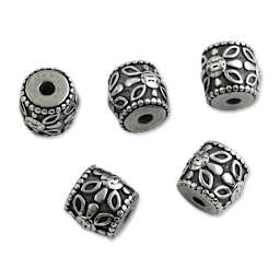 John Bead Antique Stainless Steel Beads - Barrel with Flower, 12 x 12 mm, Pkg of 5