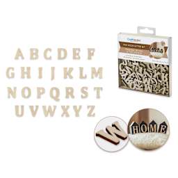 Craft Medley Mini Wood Letter Set - Natural, Pkg of 104 (alphabet, packaging, close-up and example)
