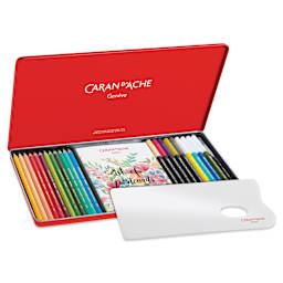 Caran d'Ache Mixed Media Botanical Set, palette and contents show in metal case with lid open