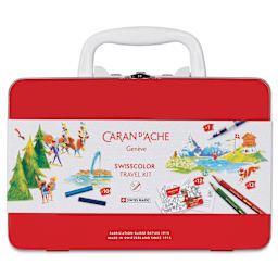 Caran d'Ache Swisscolor Travel Kit, front of the Red metal box and handle raised