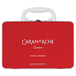 Caran d'Ache Swisscolor Travel Kit, back of the Red metal box and handle raised