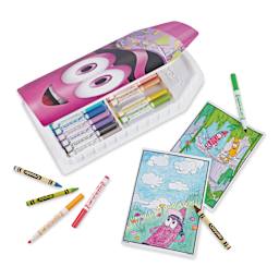 Crayola Limited Edition 60-Piece Art Set - Mauve Art Case beside included coloring sheets