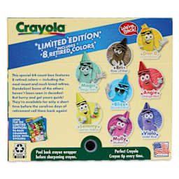 Crayola Limited Edition Crayons - Set of 64 with 8 Retired Colors, back of packaging with sharpener