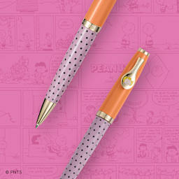 Esterbrook Peanuts 75th Anniversary Ballpoint Pen - Sally pen over pink comic background