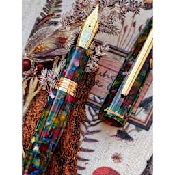 Esterbrook Estie Fountain Pen - Botanical Gardens, Medium Nib, close up with botanicals and card
