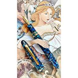 Esterbrook Estie Fountain Pen - Nouveau Bleu, Fine Nib, uncapped with nouveau-inspired artwork