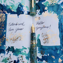 Esterbrook Estie Fountain Pen - Sea Glass, Medium Nib, uncapped with handwritten card