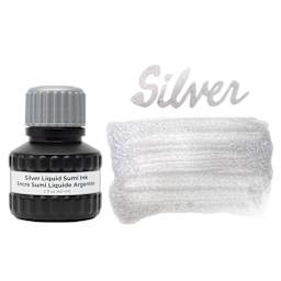 Yasutomo Liquid Metallic Sumi Ink - Silver, 2 oz bottle and swatch