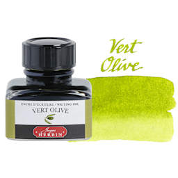 Herbin La Perle des Encres The Jewel of Inks Fountain Pen Ink - Vert Olive (Olive Green), 30 ml bottle with swatch