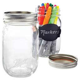Ball Easy-Label Smooth-Sided Mason Jars - one empty jar and one jar filled with markers