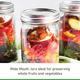 Ball Mason Jars and Lids - 32 oz, Wide Mouth, filled with fruits and vegetables