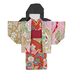 Aitoh Kimono Paper Doll Origami Kit - Set of 49, red, gold, and pink kimono