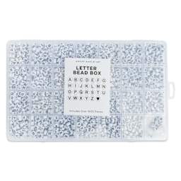 Jewelry Made By Me Letter Bead Box - Pkg of 1,600, White Beads, Black Letters with lid closed