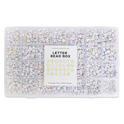 Jewelry Made By Me Letter Bead Box - Pkg of 1,600, White Beads, Gold Letters with lid closed