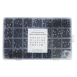 Jewelry Made By Me Letter Bead Box - Pkg of 1,600, Black Beads, White Letters with closed lid