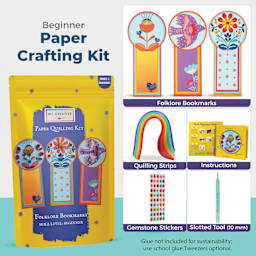 Beginner Paper Crafting Kit: Folklore Bookmarks, Quilling Strips, Instructions, Gemstone Stickers, Slotted Tool (10 mm), Glue not included for sustainability; Use school glue