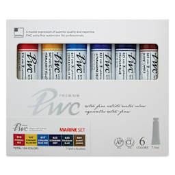 PWC Extra Fine Professional Watercolor - Set of 6, Marine Colors, 7.5 ml tubes, front of packaging