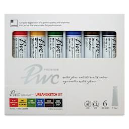 PWC Extra Fine Professional Watercolor - Set of 6, Urban Sketch Colors, 7.5 ml tubes, front of packaging