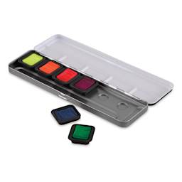 Finetec Premium Watercolor Pans Set - Neon, Set of 6 (Paint pan set with two pans popped out)