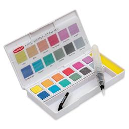 Derwent Watercolor Half Pan Paint - Set of 12 with sponge, Pastels Angled view
