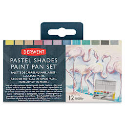 Derwent Watercolor Half Pan Paint - Set of 12 with sponge, Pastels Front of packaging