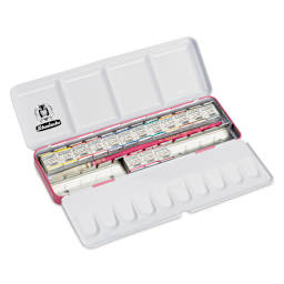 Open to show contents of Schmincke Horadam Aquarell Watercolor Pans - Set of 15 Pretty Pink, Assorted Colors, Half Pans