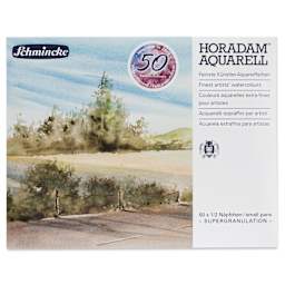 Schmincke Horadam Aquarell Watercolor Pans - Super Granulation Colors, Set of 50, front of package for wood case