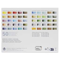 Schmincke Horadam Aquarell Watercolor Pans - Super Granulation Colors, Set of 50, back of packaging for wood case