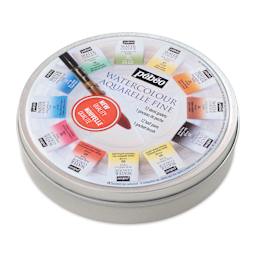 Pebeo Fine Watercolor Half Pan Set -  Set of 12, Round Metal Box with Brush