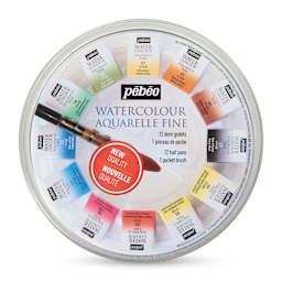 Pebeo Fine Watercolor Half Pan Set -  Set of 12, Round Metal Box with Brush (Front of set)