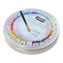Pebeo Fine Watercolor Half Pan Set -  Set of 24, Round Metal Box with Brush