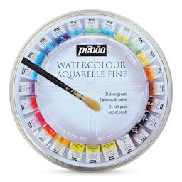 Pebeo Fine Watercolor Half Pan Set -  Set of 24, Round Metal Box with Brush (front of package)