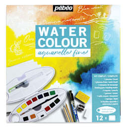 Pebeo Fine Watercolor Half Pan Set - Complete Set of 12, Oval Plastic Case (Front of package)