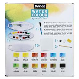 Pebeo Fine Watercolor Half Pan Set - Complete Set of 12, Oval Plastic Case (Back of package)